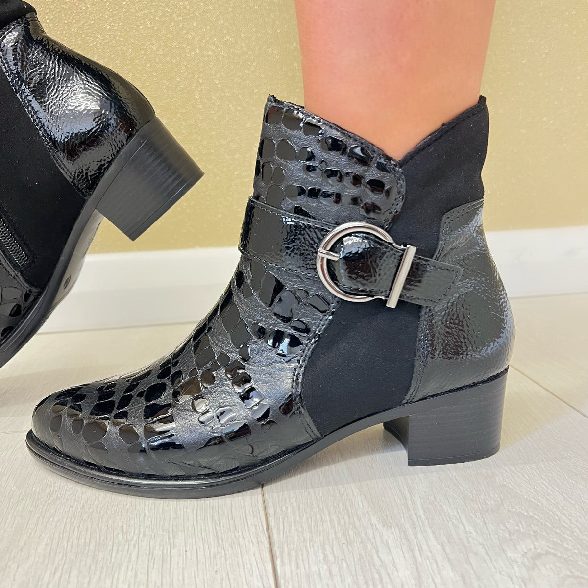 Remonte Ladies Black Patent Mix Low Heel Ankle Boot R5188-02 – SM Shoes